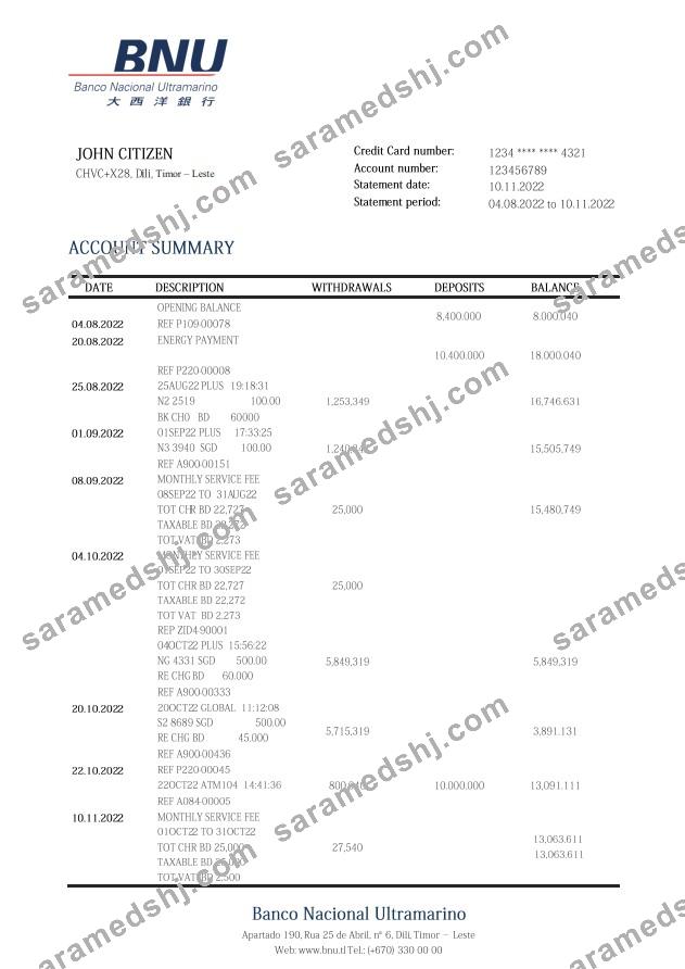 Timor-Leste BNU bank statement